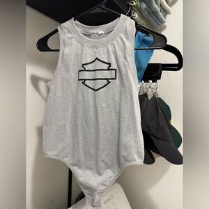 Gray Stretchy Bodysuit with glitter Harley Davidson logo